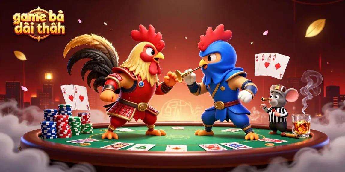 Engage with game bài đổi thưởng in a lively battle scene featuring cartoon roosters and poker elements.