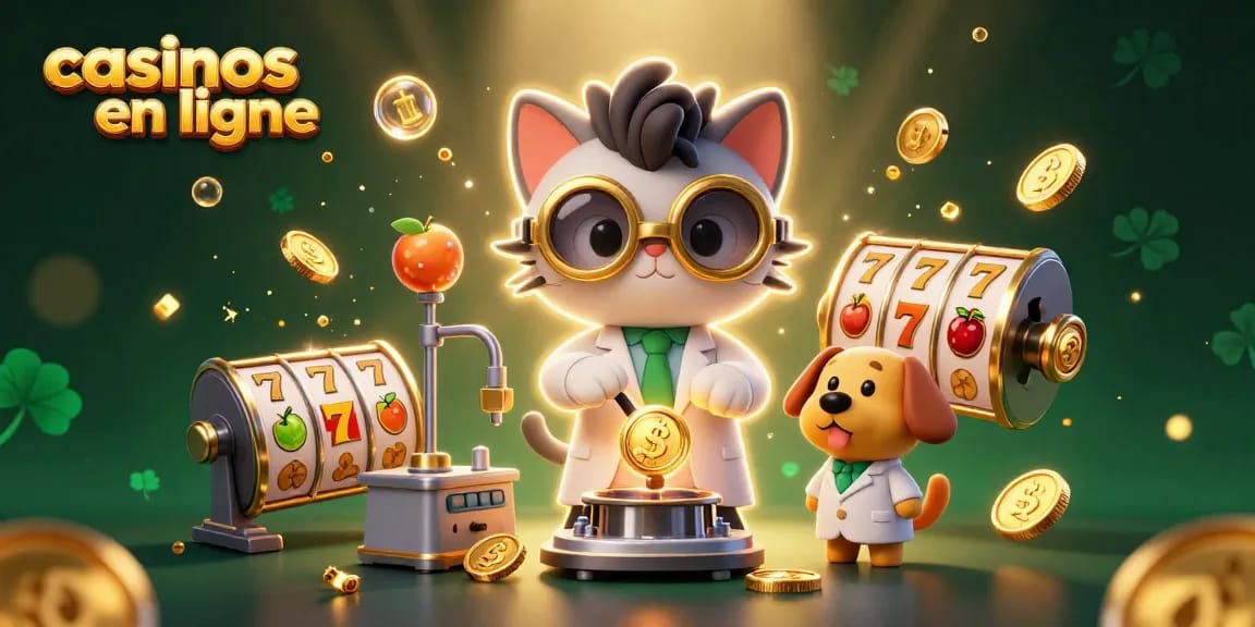 Visuel captivant illustrant des casinos en ligne avec un chat scientifique fou et un chien assistant, machines à sous et pièces d'or.