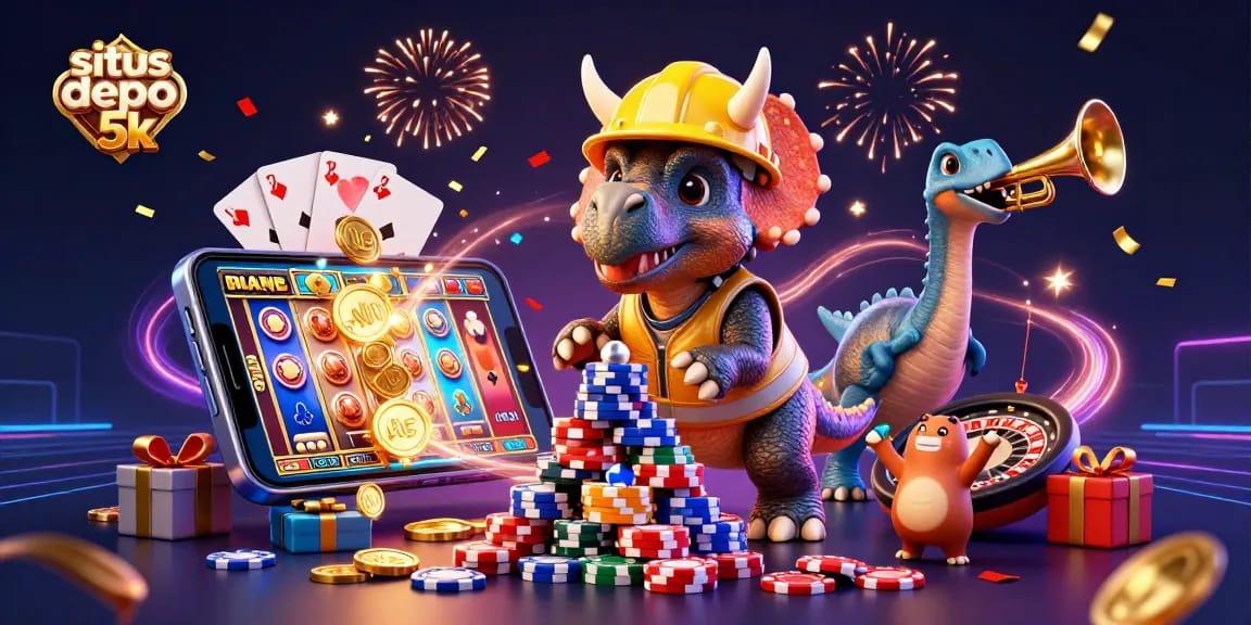 Experience the excitement of situs depo 5k with a vibrant 3D casino scene celebrating slot games and winnings.
