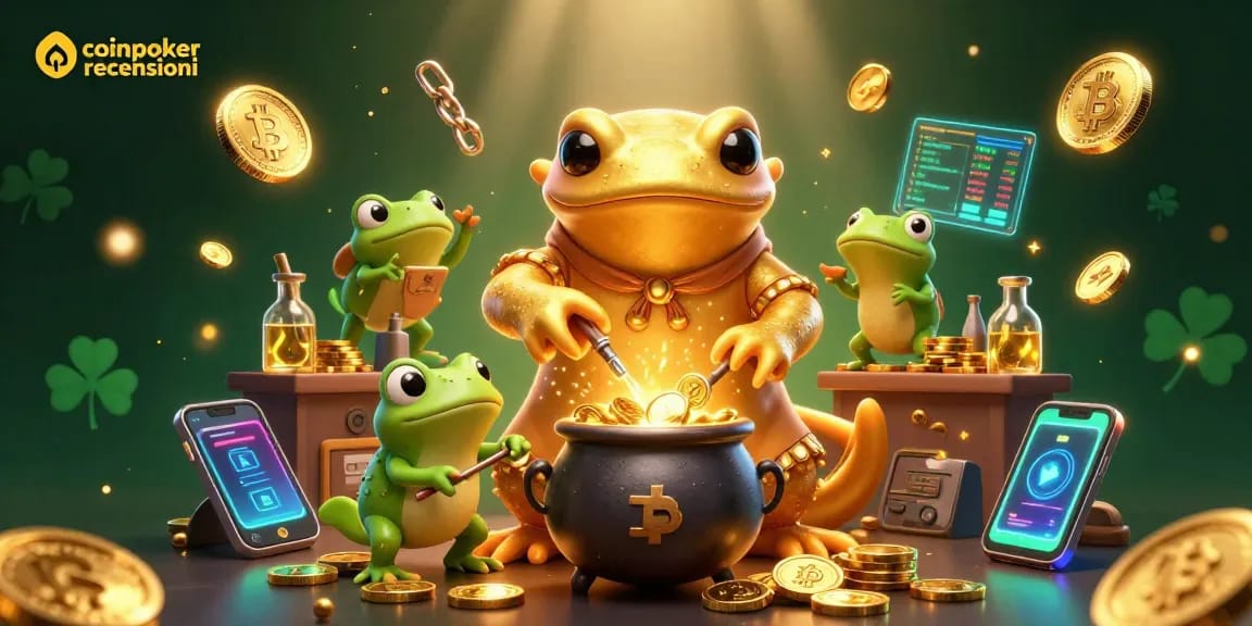 Coinpoker recensioni: gioca con il poker crypto in un'illustrazione magica con alchimisti e monete dorate.