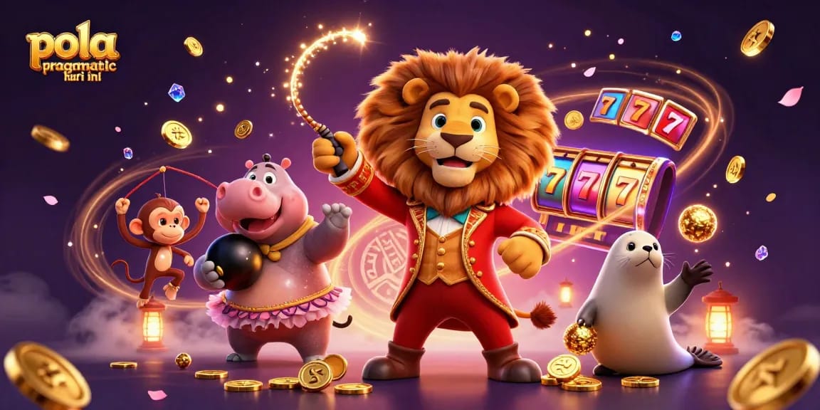 Pola pragmatic hari ini showcases vibrant slot reels with a dynamic casino scene featuring winning characters.