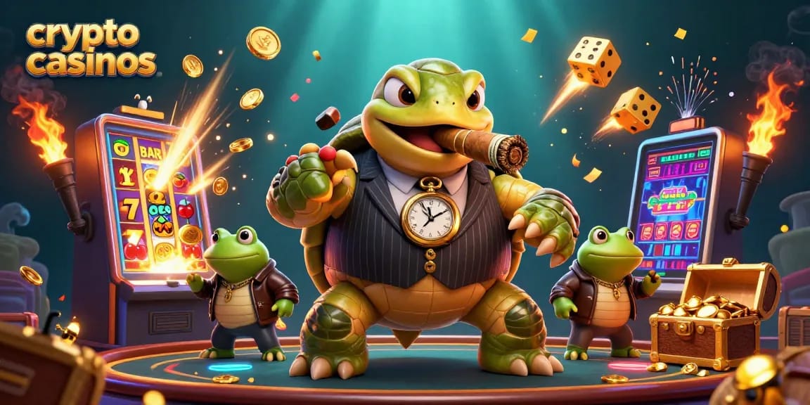 Jouez à des crypto casinos avec une tortue en costume, des grenouilles et des machines à sous colorées.