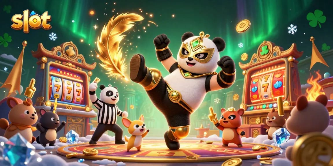 Experience the slot excitement with a panda wrestler and chihuahua referee in a vibrant casino scene.