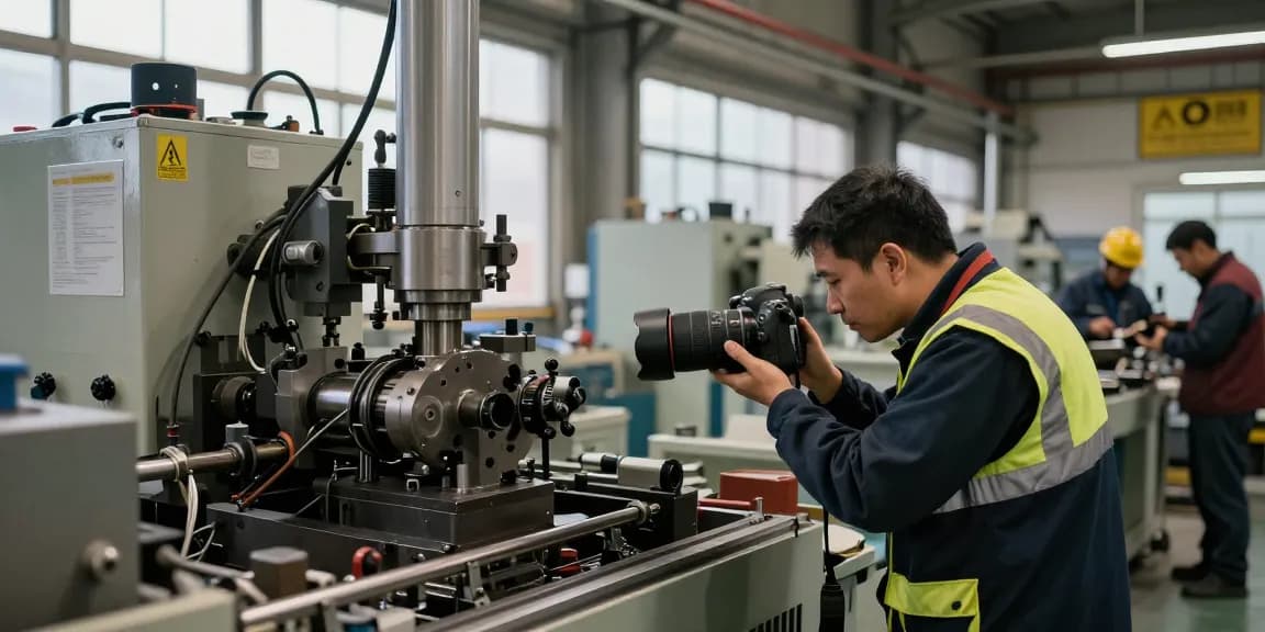 Photographe industriel capturant des machines complexes pendant un processus de production.