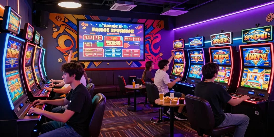 Exciting gaming atmosphere with players at slot depo 1000 machines celebrating wins and enjoying vibrant graphics.