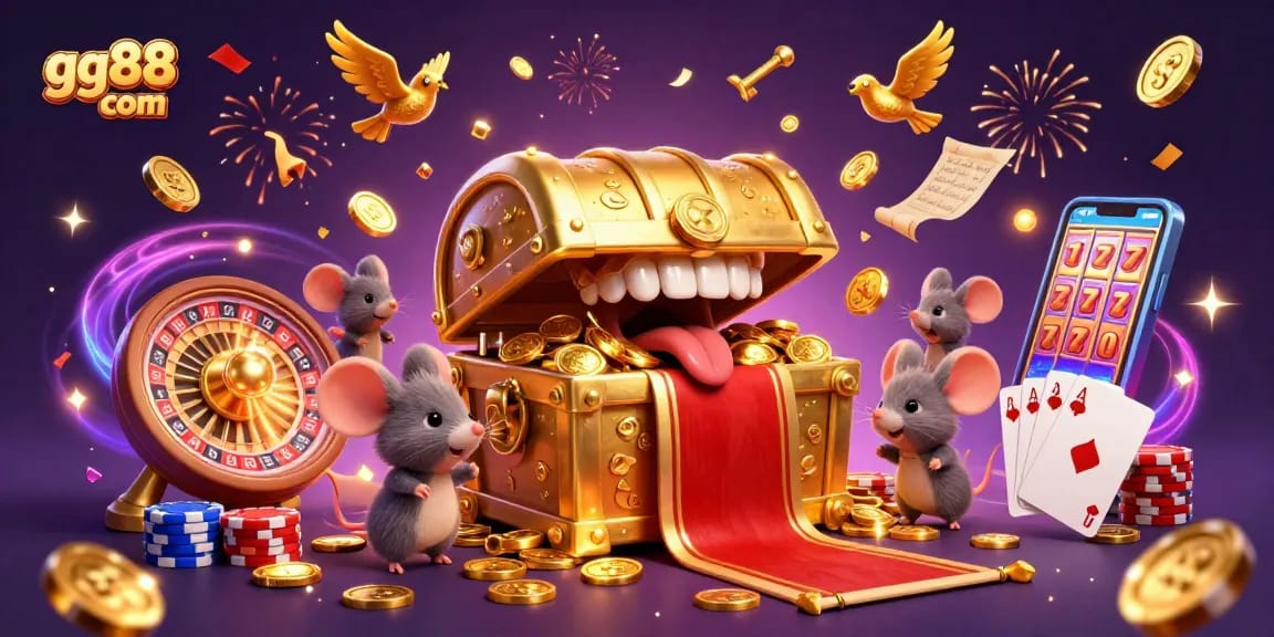 Engage with gg88 com's vibrant casino world, featuring a treasure chest and dynamic gaming elements.
