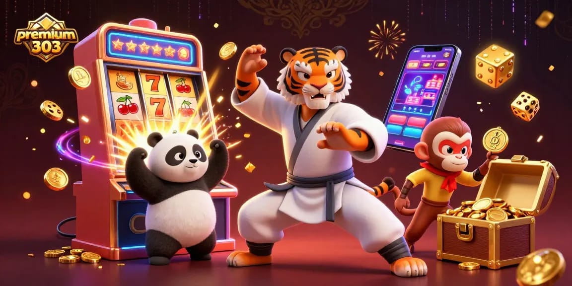Win with premium303 at the exciting jackpot, highlighting a kung fu tiger surrounded by vibrant casino elements.
