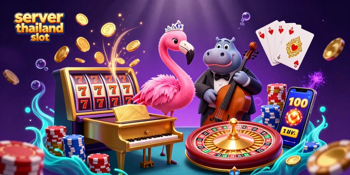 Experience excitement and wins with server thailand slot in a vibrant casino scene featuring lively characters and dynamic elements.