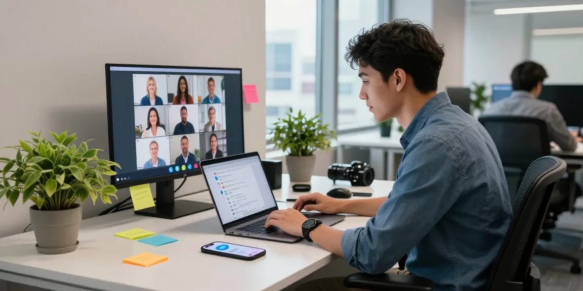 Engaging workspace featuring telegramin-cn.com communication setup with a laptop open to Telegram chats and notifications.