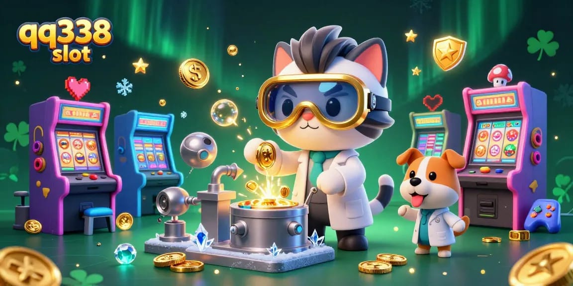 Engage with qq338 slot in an ultra-detailed 3D scene featuring a mad scientist cat and lab assistant dog creating gold coins.