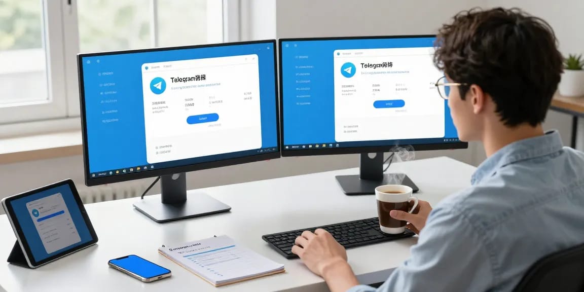 Setting up Telegram Chinese login guide with a professional in a tech-focused workspace, vibrant monitors, and a coffee cup.