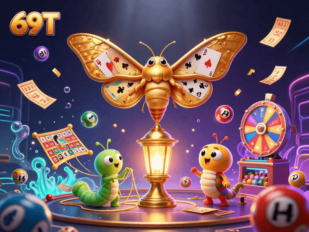 A imagem detalhada mostra elementos de jogo e o logo 69T em um ambiente de cassino vibrante.
