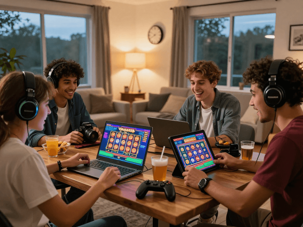 Engaging group playing live casino games and exploring login togel options on Visabet88 in a cozy living room.