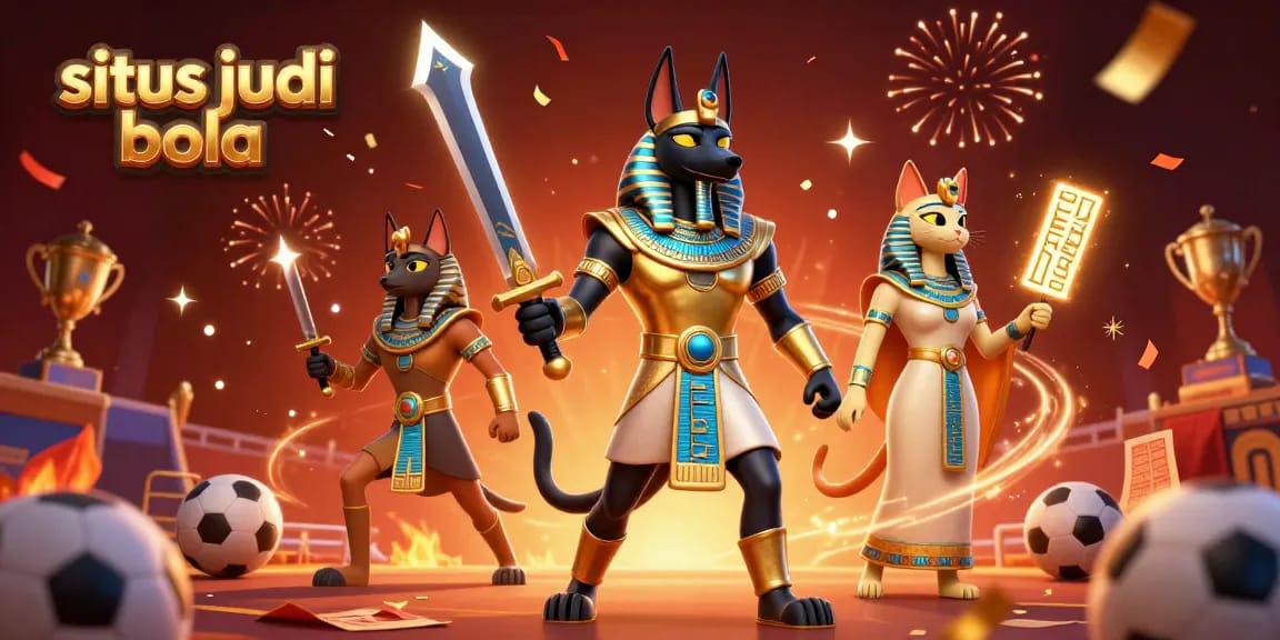 Win big on situs judi bola with a vibrant sports betting theme featuring Anubis and Bastet amidst dynamic betting elements.