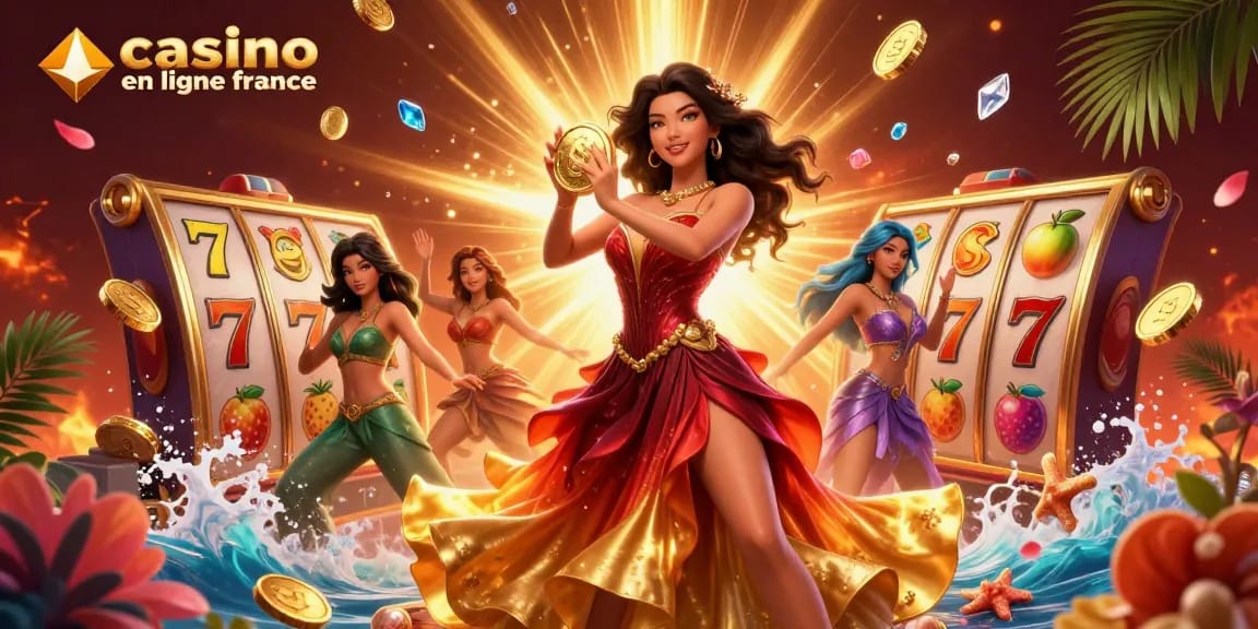 Vivez des moments palpitants au casino en ligne France alors qu'une magnifique femme asiatique célèbre avec des pièces d'or et des rouleaux de machines à sous vibrants.