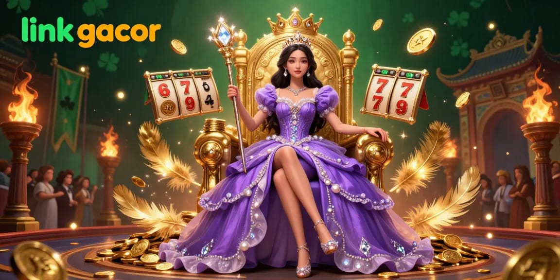 Engage with link gacor gaming features alongside a royal character amidst vibrant slot elements and golden tokens.