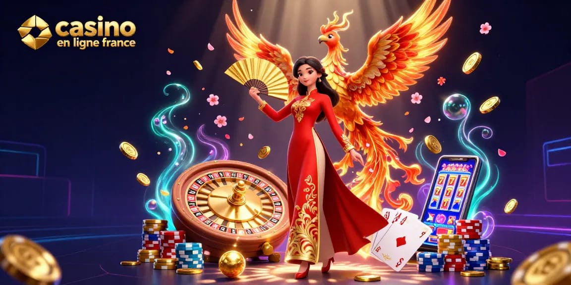 Participez à un gameplay palpitant au casino en ligne France avec une illustration 3D vibrante présentant des cartes, des pièces et un phénix.