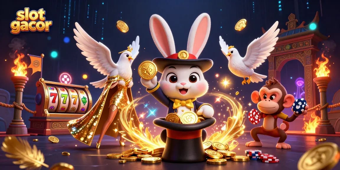 Experience slot gacor magic with a 3D magician rabbit, dove, and monkey surrounded by vibrant casino elements.