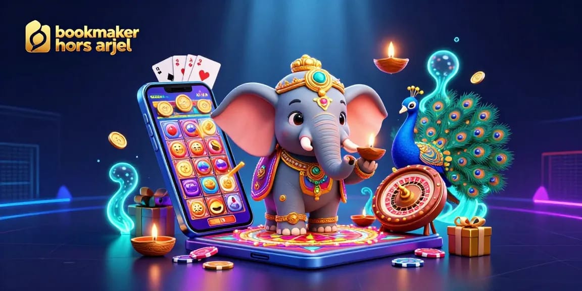 Découvrez un bookmaker hors ARJEL avec des cotes avantageuses, illustré par un éléphant coloré et des éléments de casino.