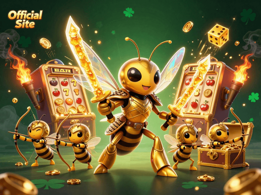 Experience vibrant casino excitement at the Official Site with a dynamic golden hornet samurai and rich jackpot imagery.