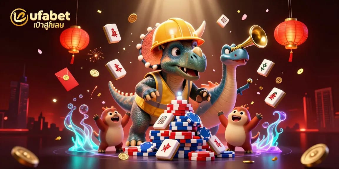 ufabet เข้าสู่ระบบ with a triceratops and festive casino elements celebrating wins and games.