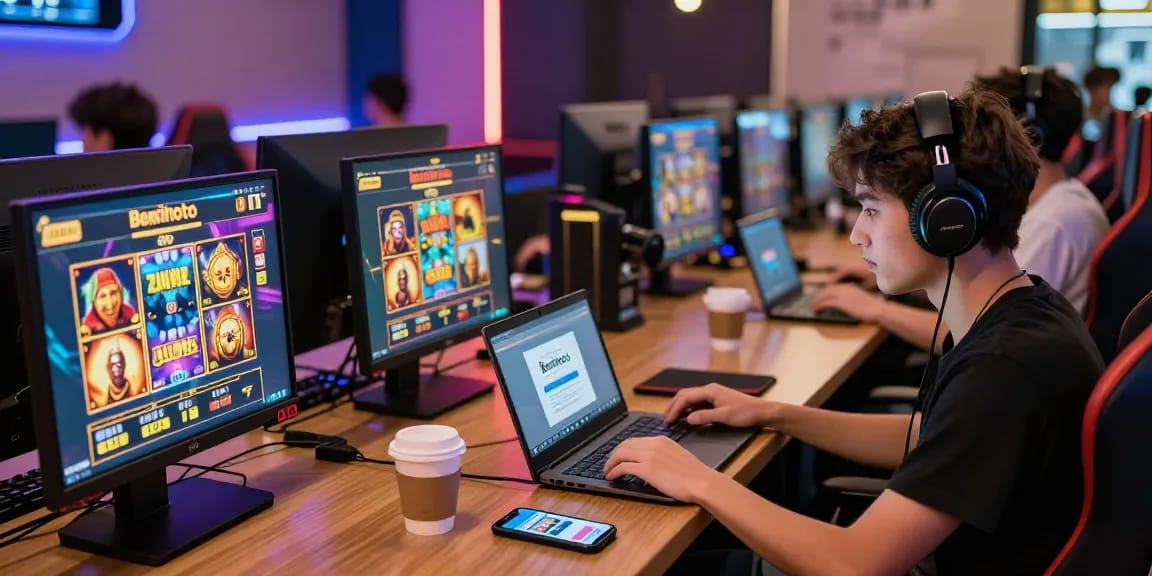 Engaging Benihtoto link online gaming scene with players immersed in slot games.