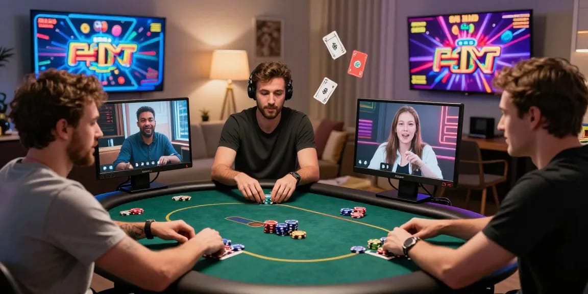 Joueurs de casino en ligne France profitant d'un jeu de poker virtuel dans une atmosphère accueillante à la maison, mettant en avant une expérience de jeu en ligne captivante.