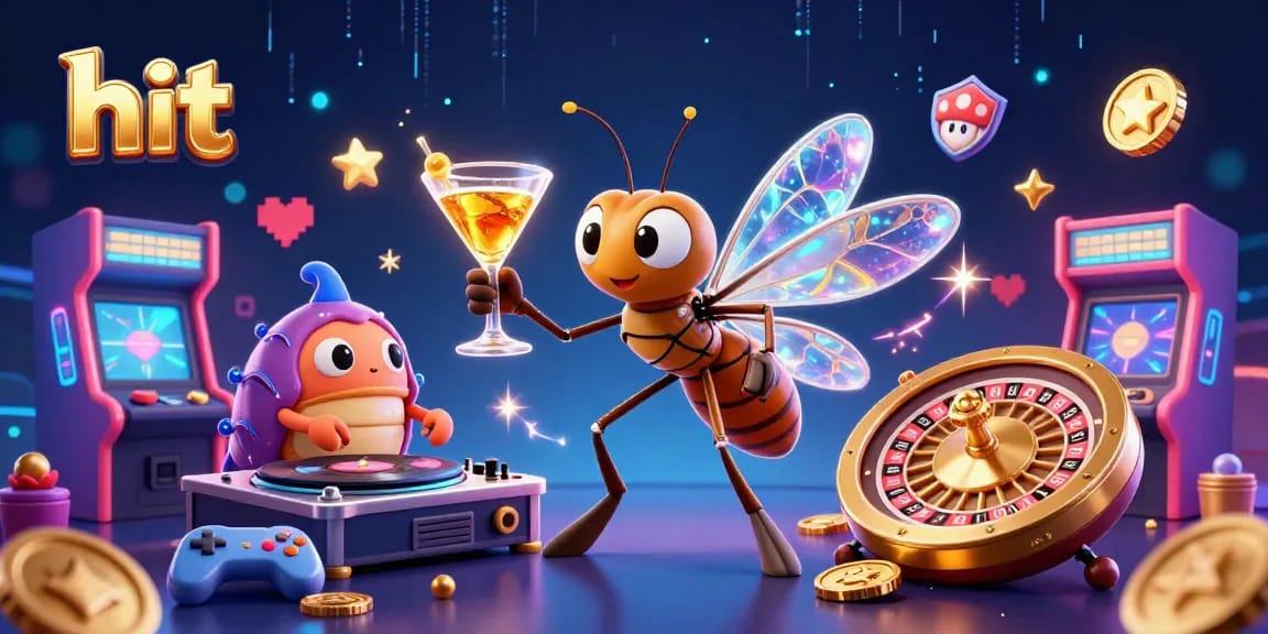 Hit casino experience with a vibrant 3D illustration of a frozen mosquito mascot and fossil DJ.