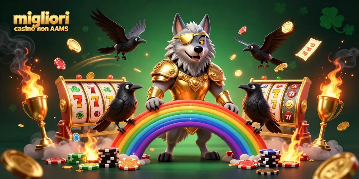 Migliori casino non AAMS che mostrano un lupo di Odin con elementi luminosi da casinò e rulli delle slot.