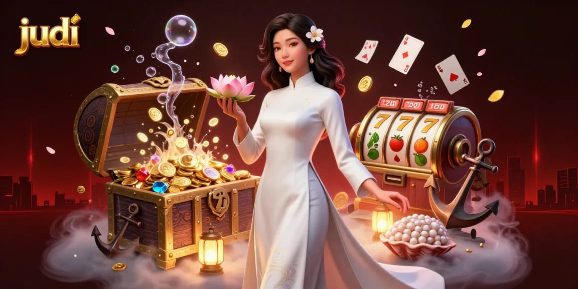Engage in judi activity with this vibrant illustration featuring an elegant woman amidst slot reels and gold.