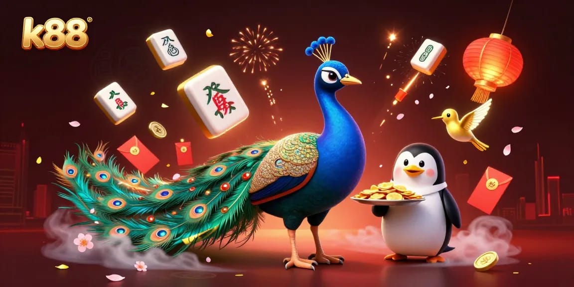 Engage with k88's vibrant 3D casino scene, showcasing characters and festive elements for gamblers.