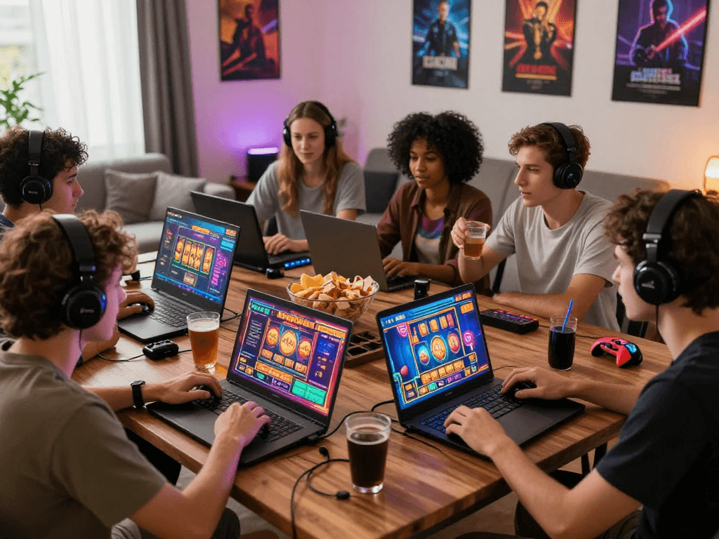 Exciting gaming scene focusing on bonus cashback slot strategies with friends enjoying an online gaming session.