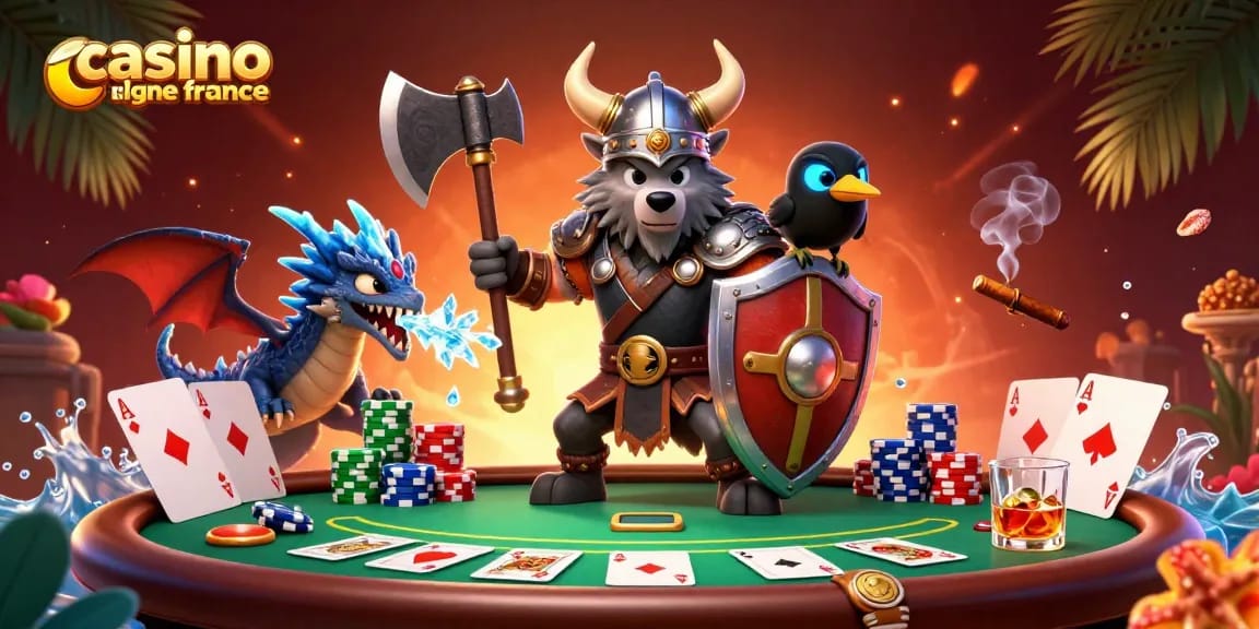 Participez à l'action palpitante des casino en ligne France avec un guerrier viking entouré d'éléments de poker.