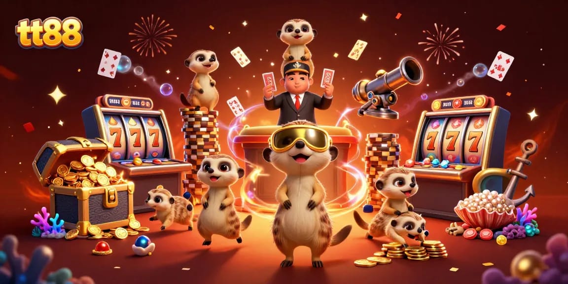 tt88 gaming meerkats hosting a vibrant casino with slot reels and golden treasures