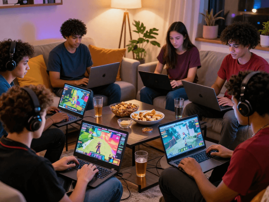 Enjoying porngames in a cozy living room with friends, vibrant gaming atmosphere.