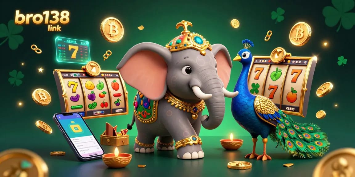 Spin the reels with the vibrant bro138 link at the center of a 3D casino-themed illustration.