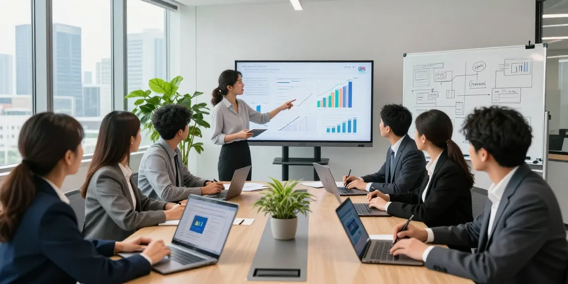 Engaging team meeting on AI for business with diverse professionals collaborating and discussing analytics in a modern office.
