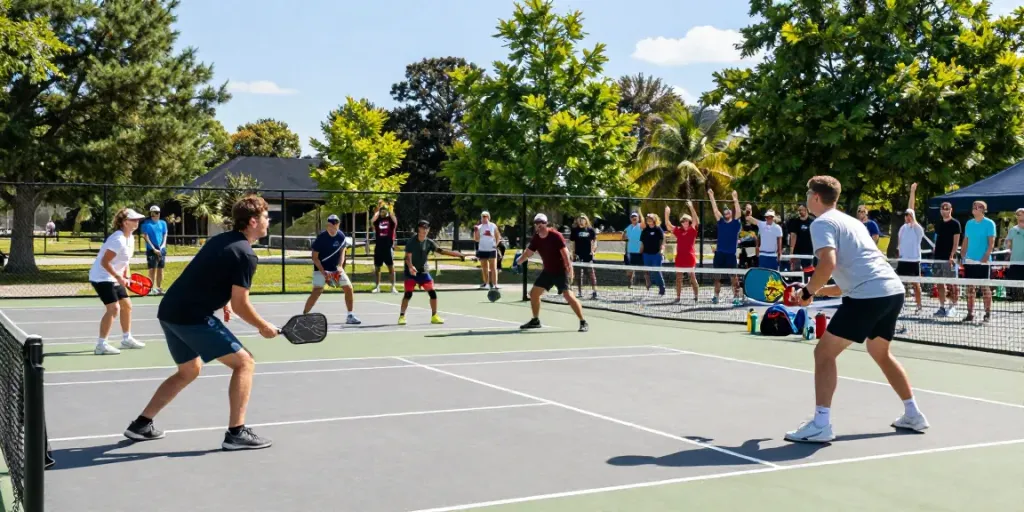 Players enjoying an exciting pickleball game with colorful paddles in action.