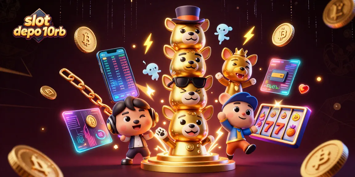 Spin the reels with excitement at slot depo 10rb, surrounded by vibrant crypto elements and luck symbols!