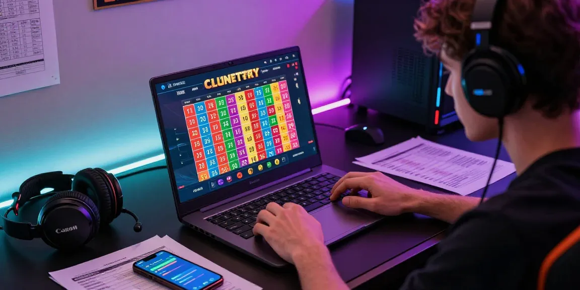Pengguna diana4d fokus pada laptop dengan statistik lotere di sekelilingnya.