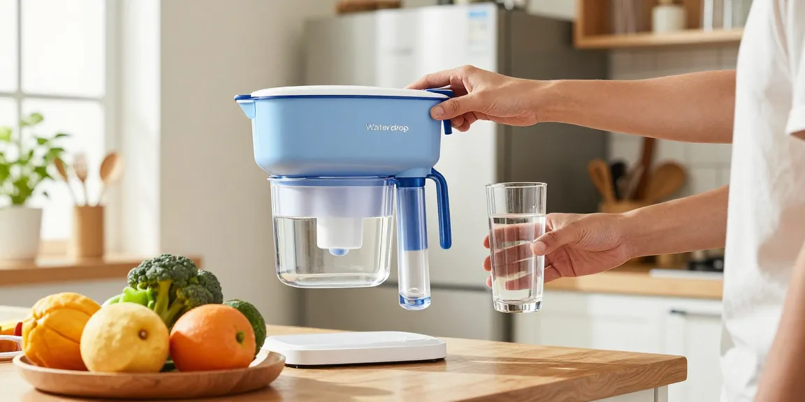 Enthusiastic homeowner using Waterdrop Alkaline DA97-17376B Water Filter in a bright kitchen.