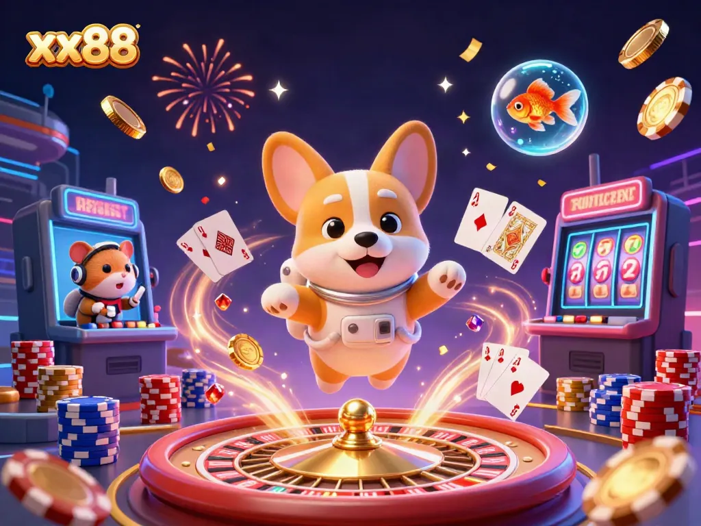 Experience excitement with xx88 in a cosmic casino scene featuring playful characters and rich gaming elements.