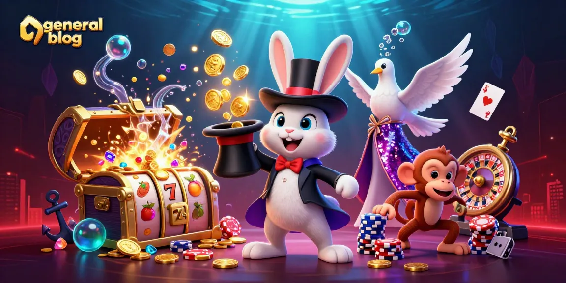 Engaging scene on general blog showcasing a magician rabbit, a dove, and a monkey amongst casino elements.
