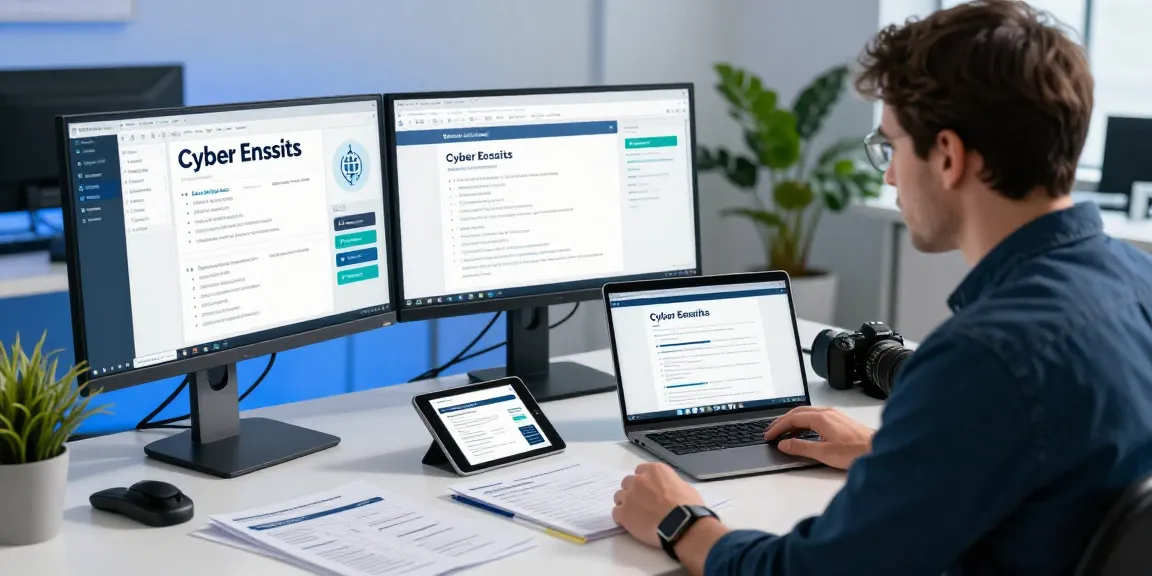 Cyber Essentials Plus cost analysis with consultant reviewing compliance tools in a modern workspace.