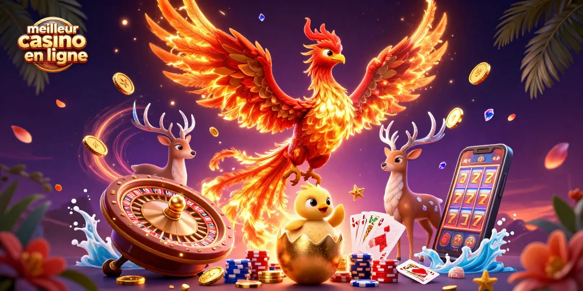 Jouer au meilleur casino en ligne avec une illustration de phoenix, des pièces d'or et des jeux passionnants.