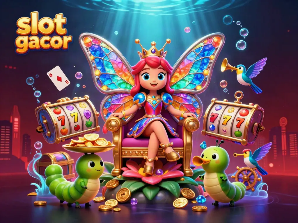 Engage with the slot gacor world through a colorful 3D illustration with a butterfly queen, golden chips, and slot reels.