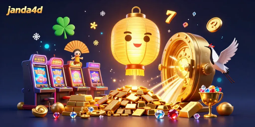 Memenangkan jackpot di janda4d dengan mesin slot penuh warna dan berbagai simbol keberuntungan yang menawan.