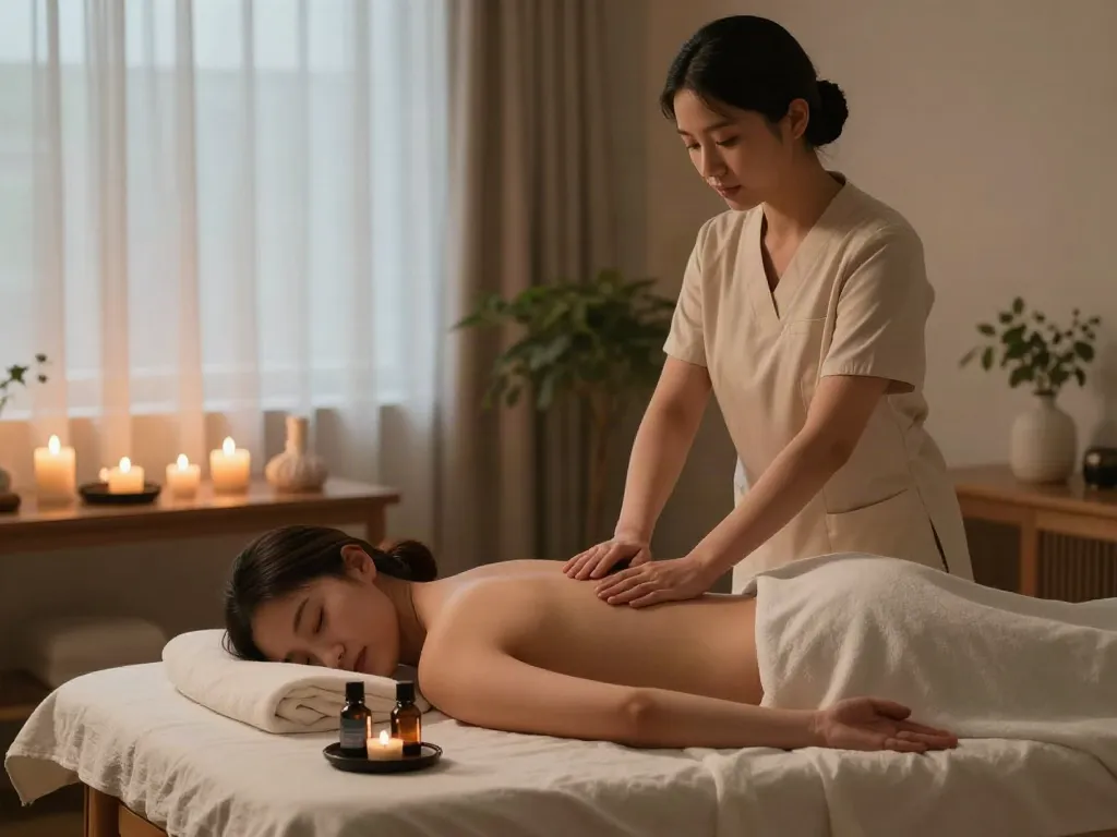 Experience 안산출장마사지 with a professional at a serene home spa, featuring candles and essential oils for a relaxing atmosphere.
