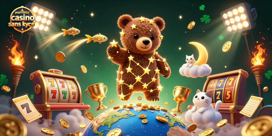 Jouez au meilleur casino sans KYC avec des étoiles dorées et des éléments de jeu captivants.