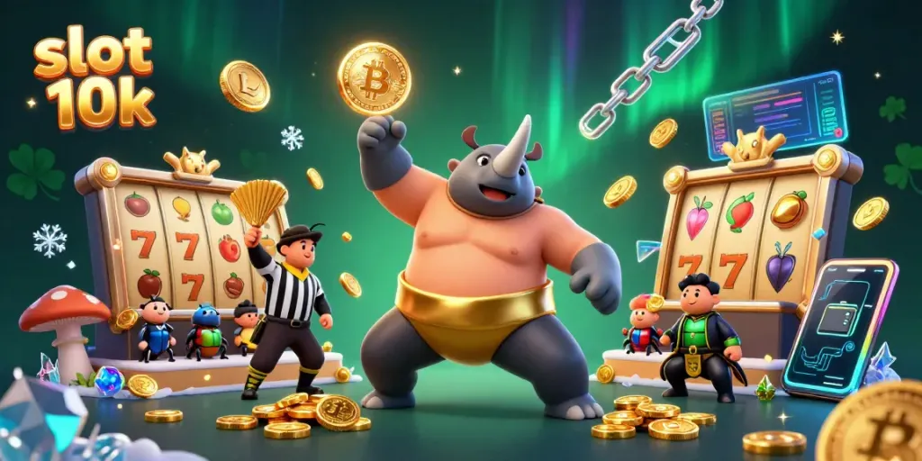 Permainan slot 10k menarik dengan karakter superhero kumbang dan efek koin emas terbang.